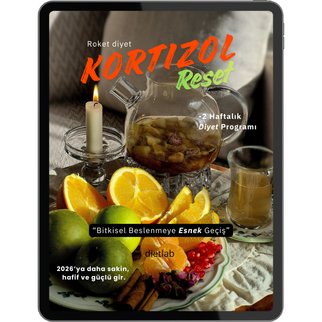 DietLab ekibinden Elis Ali ve Uzman Diyetisyen Ferin Batıman tarafından hazırlanan kortizol dengeleme programını tanıtan görsel. Stres yönetimi, hormon dengesi ve sağlıklı beslenme üzerine uzman yaklaşım.